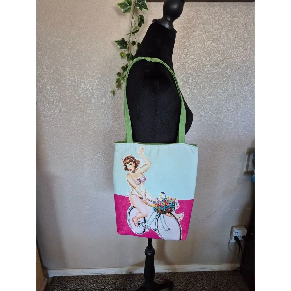 Beach Floral Tote Bag - Retro Summer Biker Illustration Vinyl Shoulder Bag